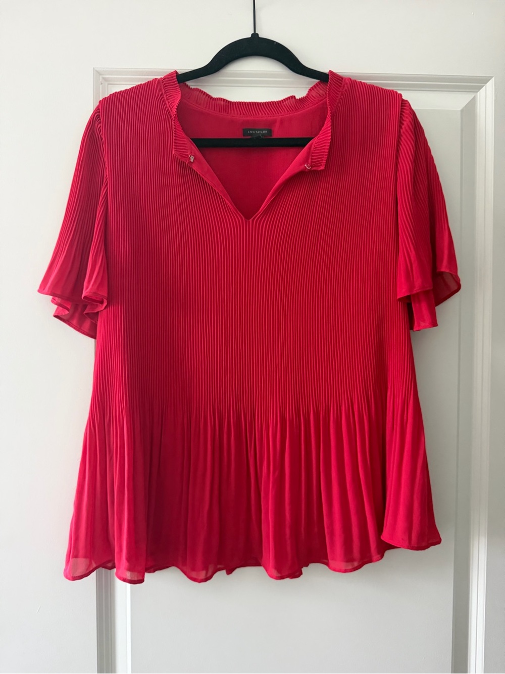 Ann Taylor Hot Pink Pleated V-Neck Flutter Sleeve Blouse